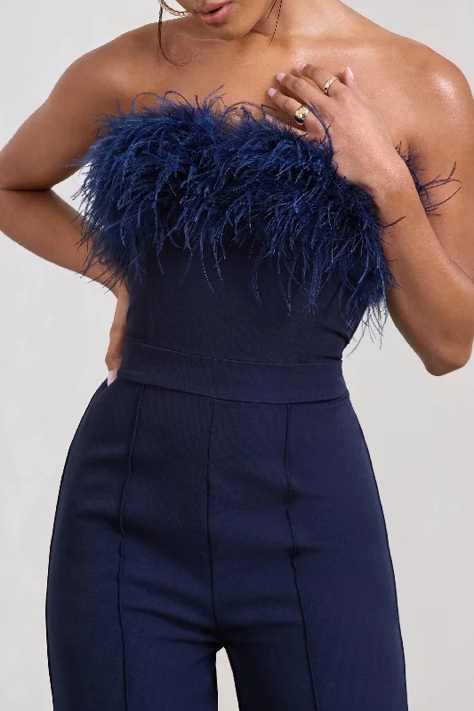 First Class | Navy Bandeau Feather Wide Leg Jumpsuit