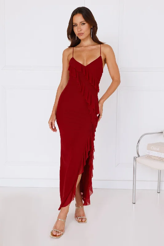 Flaunt It Girl Frill Mesh Maxi Dress Wine