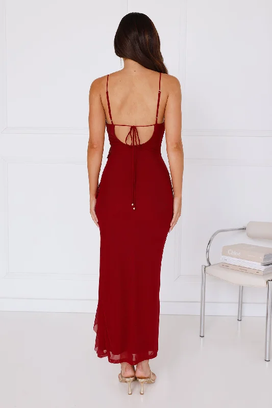 Flaunt It Girl Frill Mesh Maxi Dress Wine