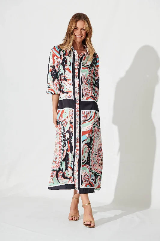 Gabi Maxi Shirt Dress In Black Multi Print Satin