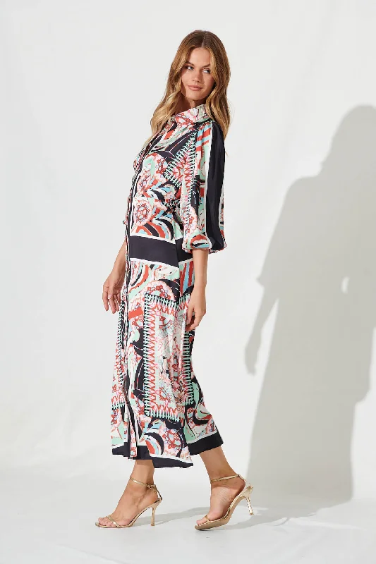 Gabi Maxi Shirt Dress In Black Multi Print Satin