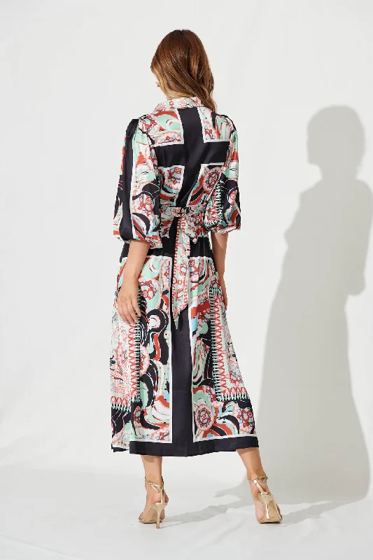 Gabi Maxi Shirt Dress In Black Multi Print Satin