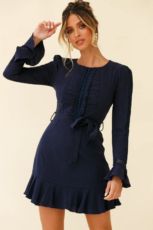 Gardenia Long Sleeve Frill & Crochet Trim Dress Navy