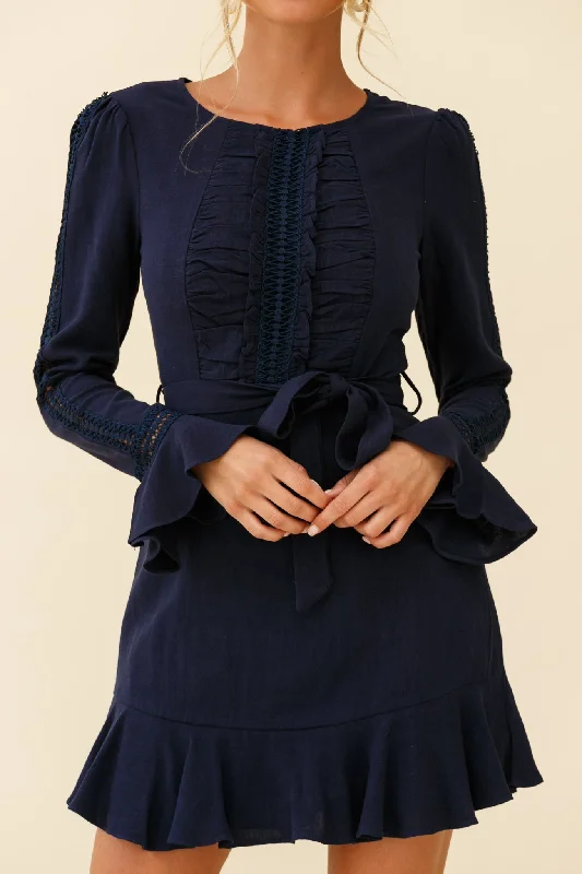 Gardenia Long Sleeve Frill & Crochet Trim Dress Navy