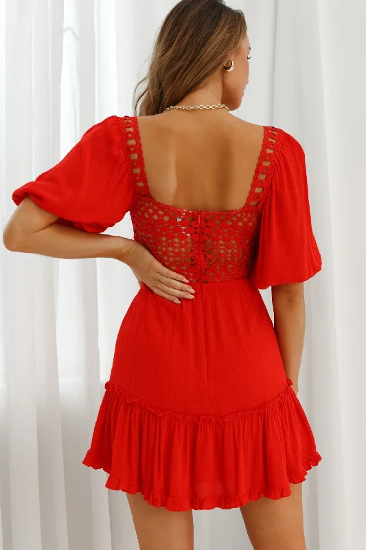 Golden Hour Lace-Up Front Crochet Dress Red