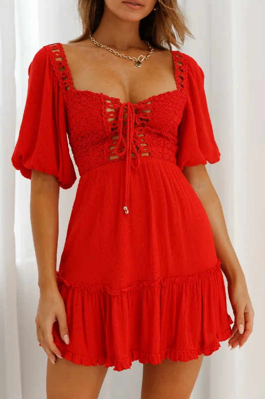 Golden Hour Lace-Up Front Crochet Dress Red