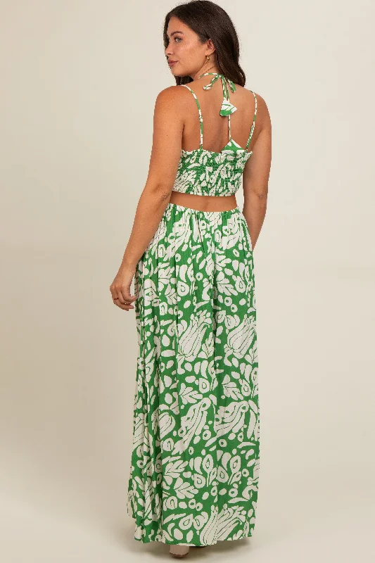 Green Printed Halter Cut-Out Maternity Maxi Dress