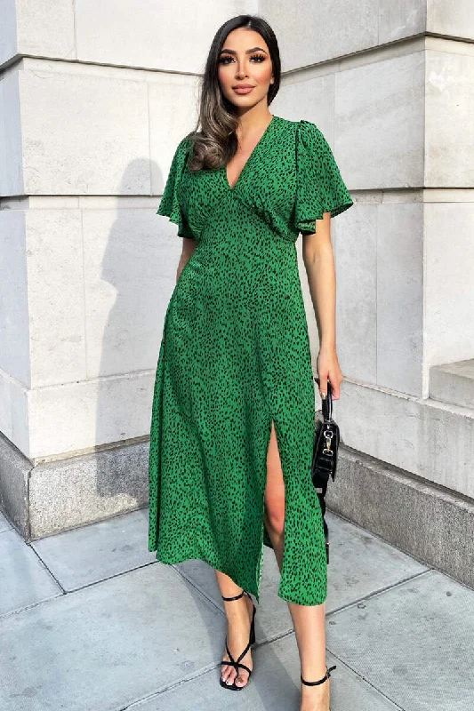 Green Printed V-Neck Short Sleeve Midi Dress