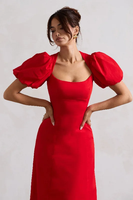 Hacienda | Red Poplin Puff-Sleeve Maxi Dress