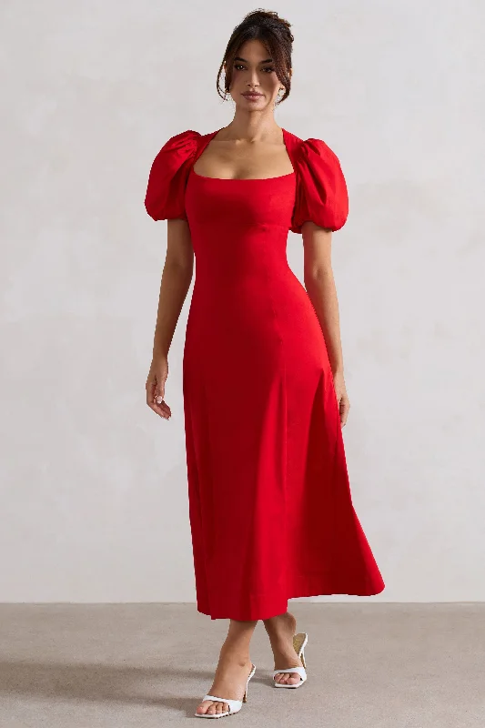 Hacienda | Red Poplin Puff-Sleeve Maxi Dress