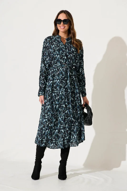 Harmony Midi Shirt Dress In Navy With Multi Print