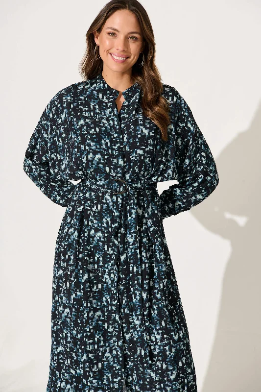 Harmony Midi Shirt Dress In Navy With Multi Print