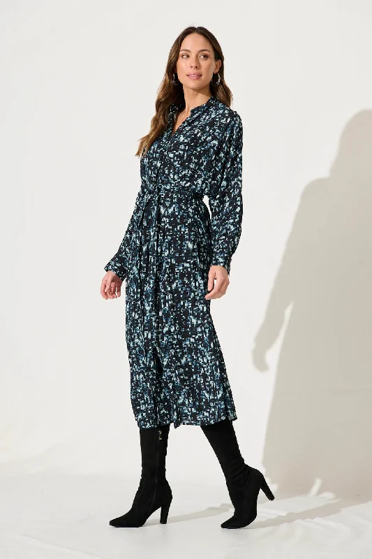 Harmony Midi Shirt Dress In Navy With Multi Print