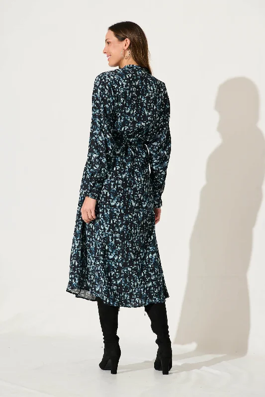 Harmony Midi Shirt Dress In Navy With Multi Print