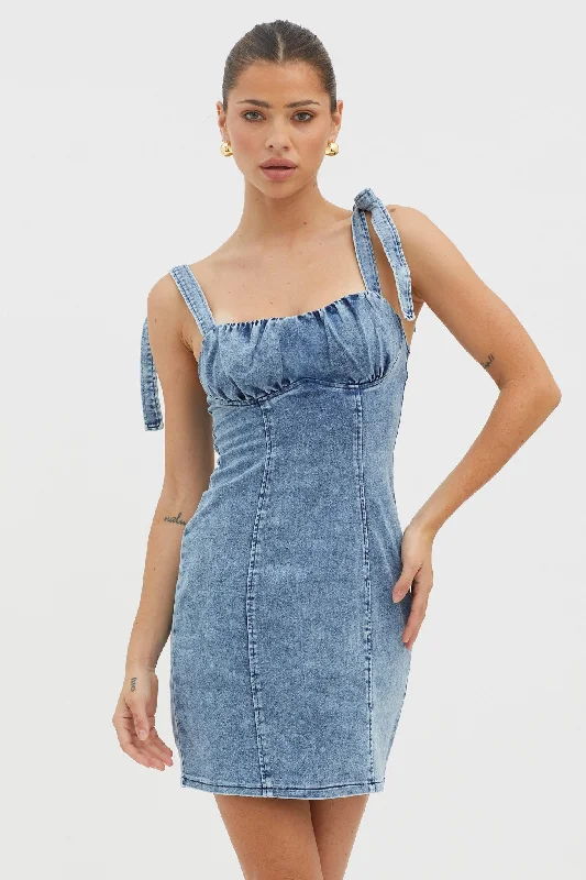 Harrison Tied Shoulder Mini Dress Denim Blue