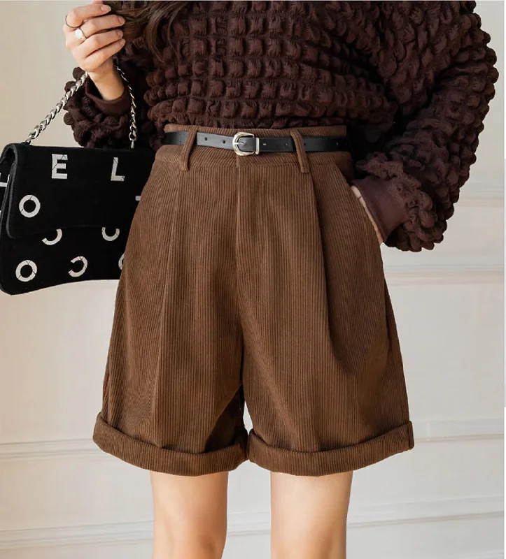 Flytonn-Graduation gift, dressing for the Coachella Valley Music Festival,High Waist Retro Loose Corduroy Shorts with Belt