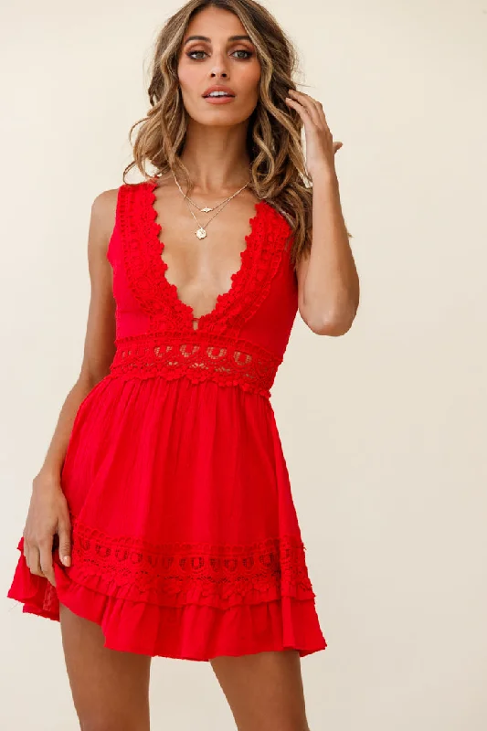 Indio Crochet Insert Deep V-Neckline Dress Red