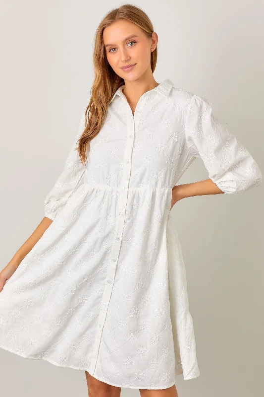 Ivory Floral Embroidered Collared Button Down Maternity Dress