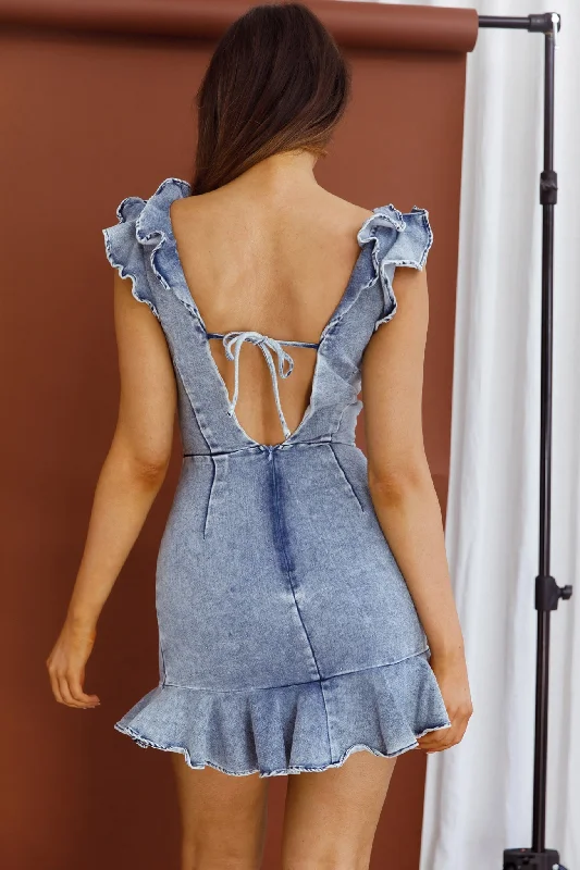 Jojo Ruffle Shoulder Low Back Dress Denim