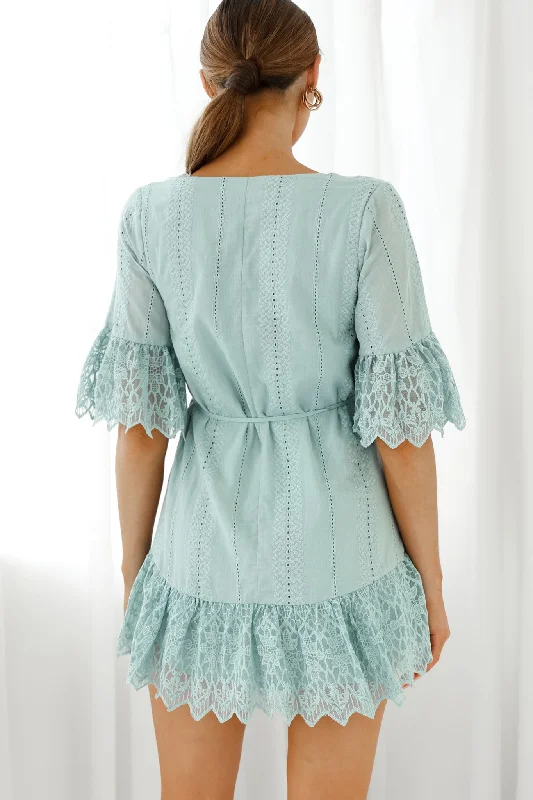 Karissa Lace Trim Waist Tie Tunic Dress Sage