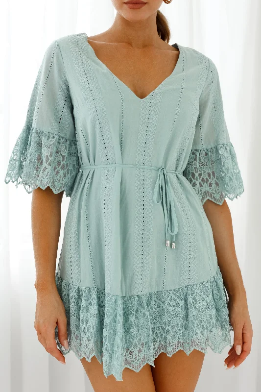 Karissa Lace Trim Waist Tie Tunic Dress Sage