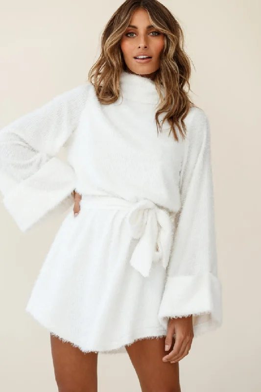 Kiara High Neck Kimono Sleeve Knit Dress White