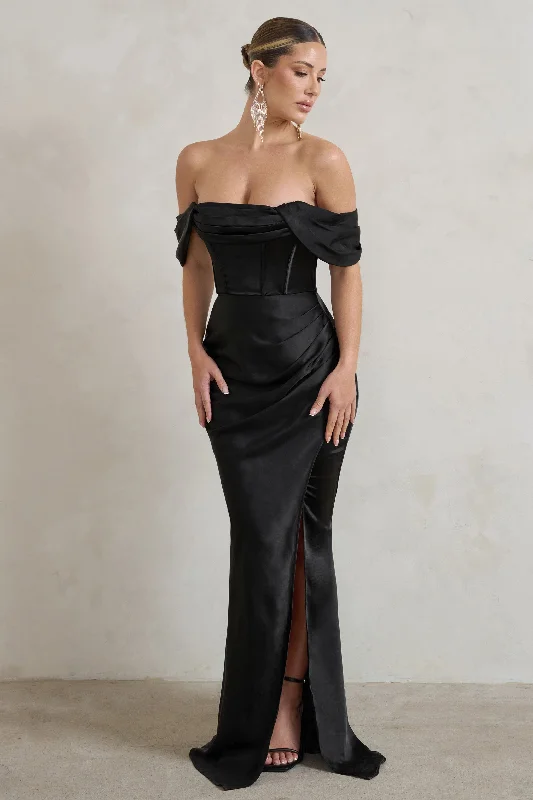 Kimberly | Black Bardot Fishtail Satin Maxi Dress