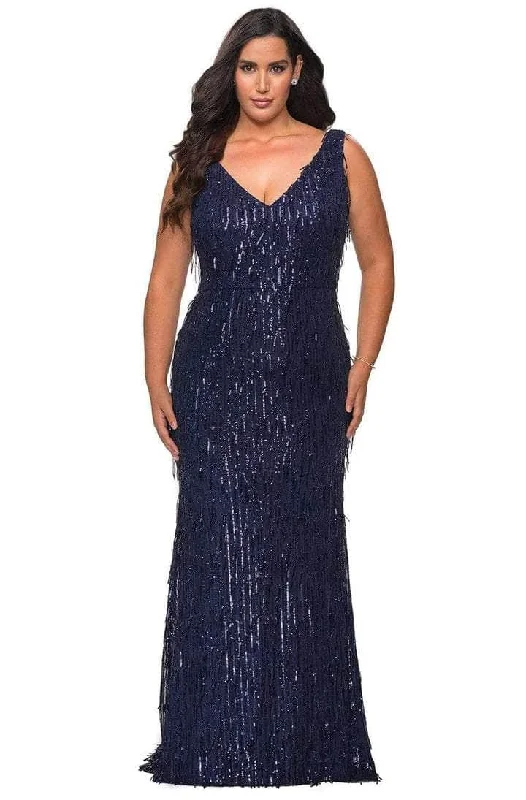 La Femme - 28946SC Sequined Deep V-neck Long Gown - 1 pc Navy in Size 14W Available