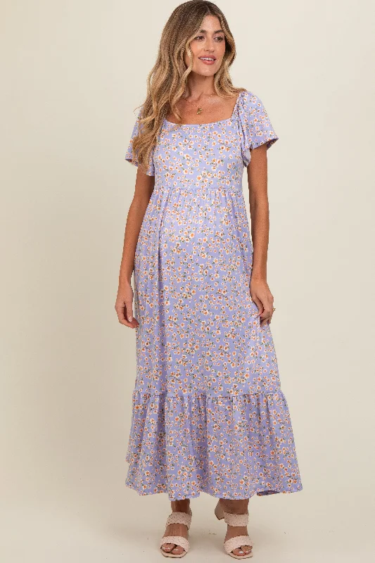 Lavender Floral Short Sleeve Maternity Maxi Dress