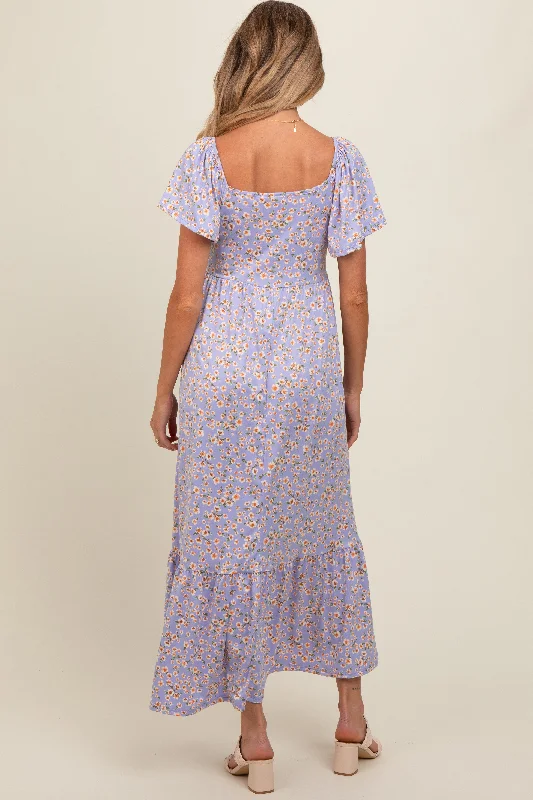 Lavender Floral Short Sleeve Maternity Maxi Dress