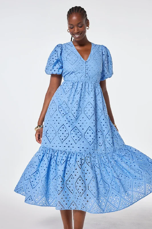 Light Blue Broderie Anglaise Puff Sleeve Midi Dress