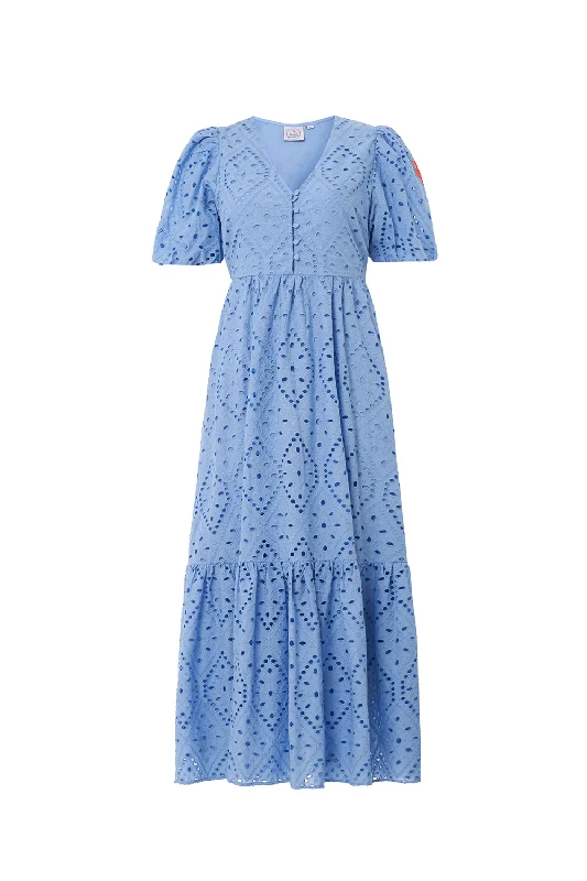 Light Blue Broderie Anglaise Puff Sleeve Midi Dress