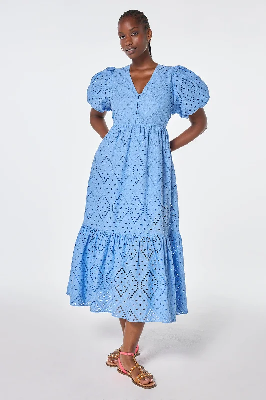 Light Blue Broderie Anglaise Puff Sleeve Midi Dress