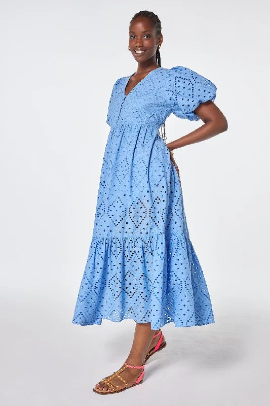 Light Blue Broderie Anglaise Puff Sleeve Midi Dress