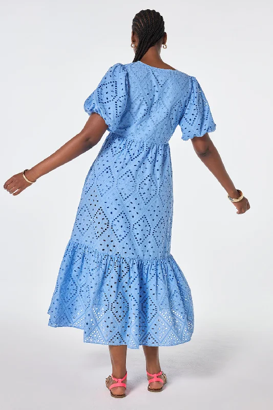 Light Blue Broderie Anglaise Puff Sleeve Midi Dress