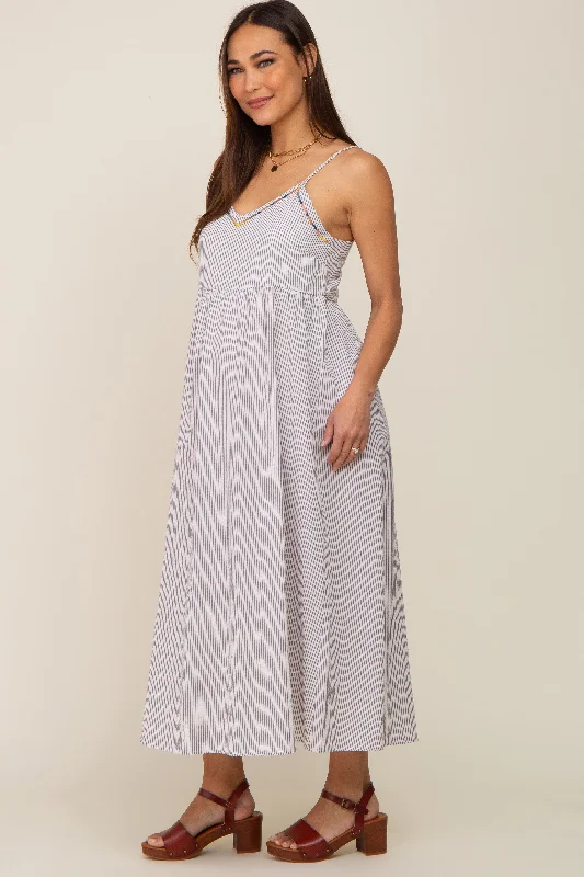 Light Blue Striped Embroidered Maternity Midi Dress