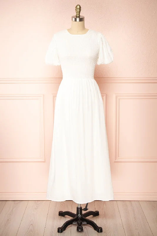 Lilou Ivory | Open-back Midi Dress w/ Puffy Sleeves