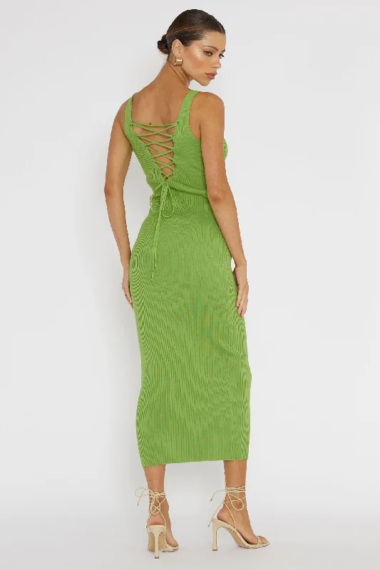 Linzi Lace-Up Back Knit Midi Dress Green