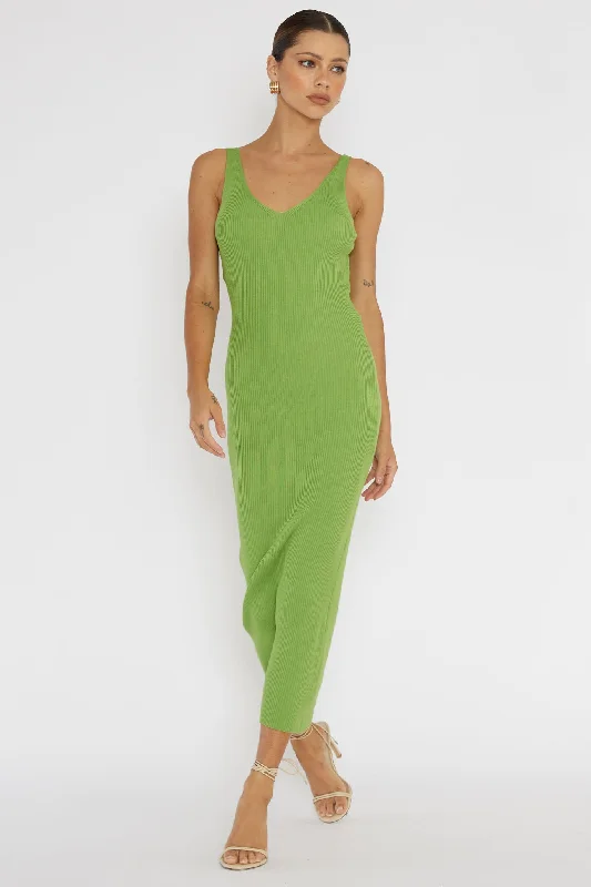 Linzi Lace-Up Back Knit Midi Dress Green