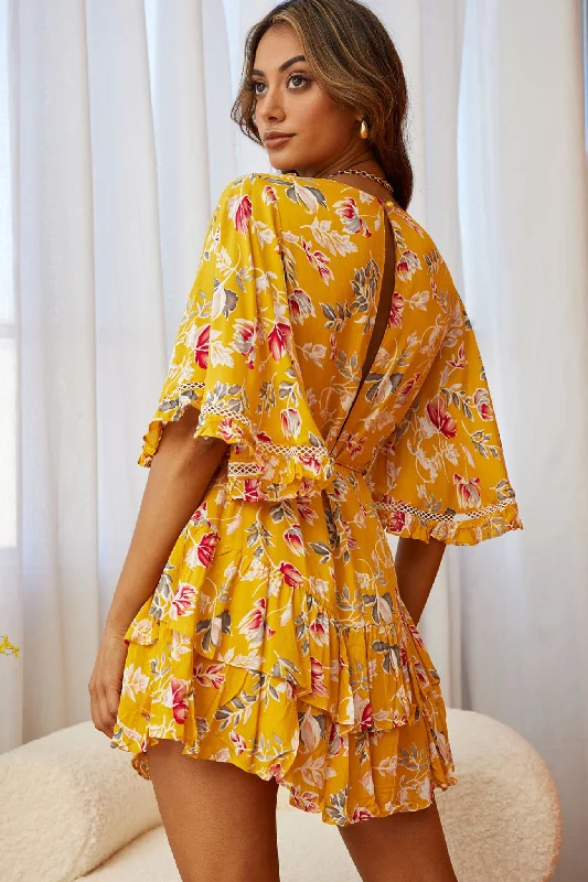 Lotus Crochet Trim Angel Sleeve Dress Floral Print Mustard