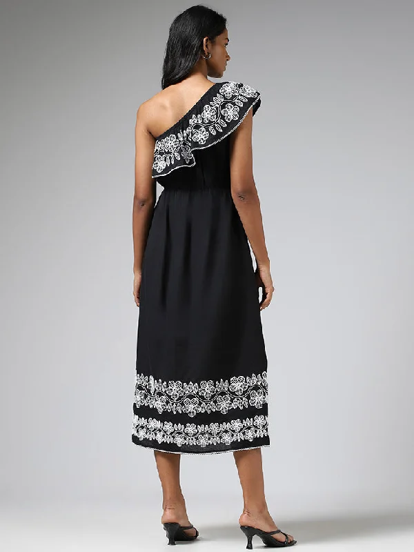 LOV Black Floral Embroidered One Shoulder Blended Linen Dress