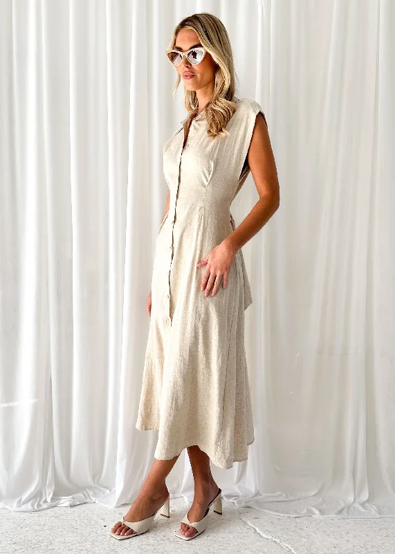 Makari Linen Midi Dress - Oatmeal