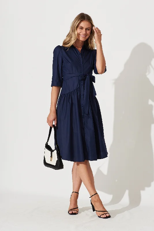 Marie Midi Shirt Dress In Navy Cotton Blend