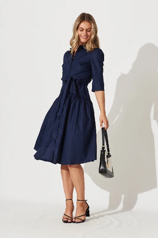 Marie Midi Shirt Dress In Navy Cotton Blend