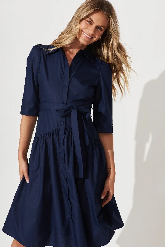 Marie Midi Shirt Dress In Navy Cotton Blend