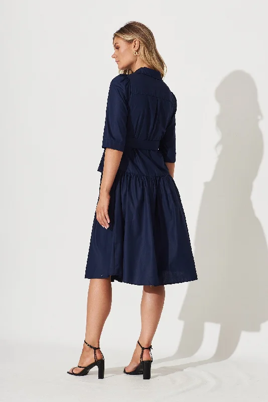 Marie Midi Shirt Dress In Navy Cotton Blend