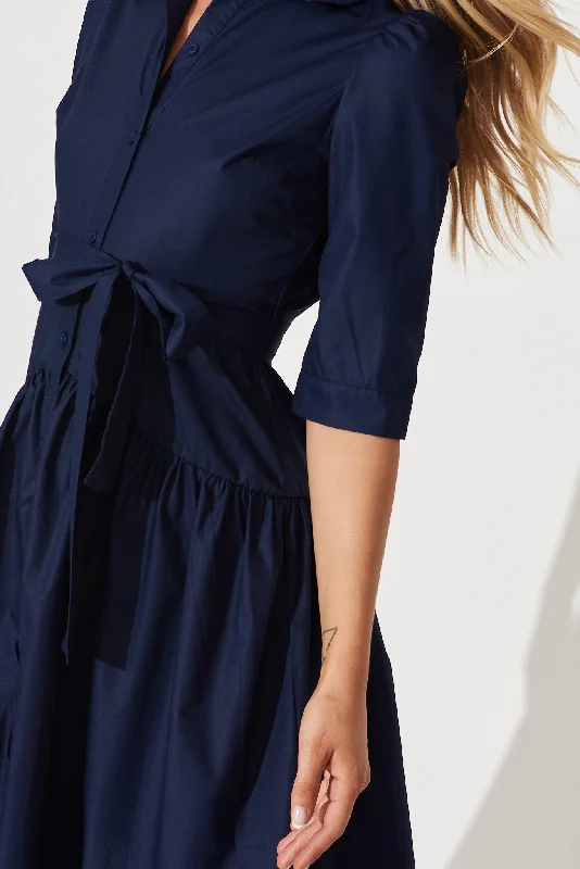 Marie Midi Shirt Dress In Navy Cotton Blend