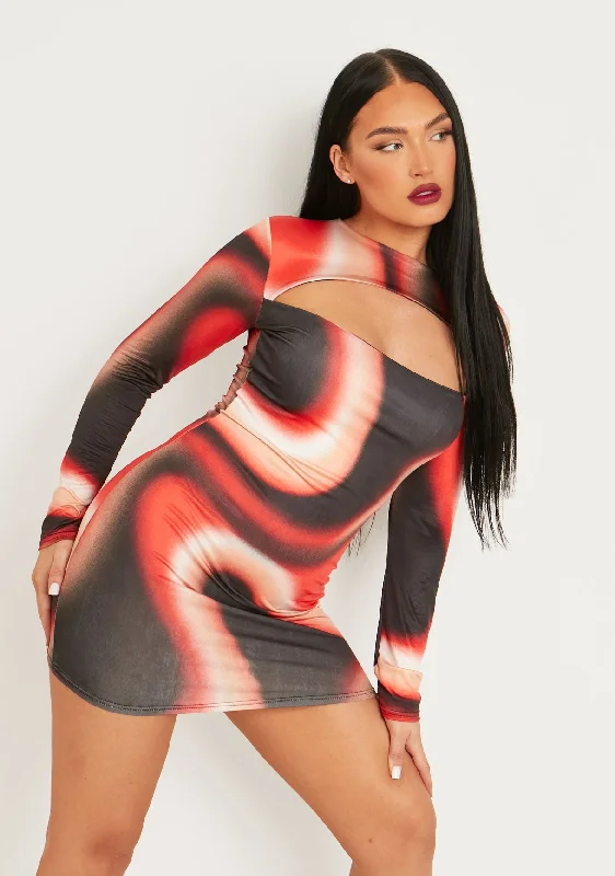 Maryse Red Printed Slinky Cut Out Long Sleeve Mini Dress