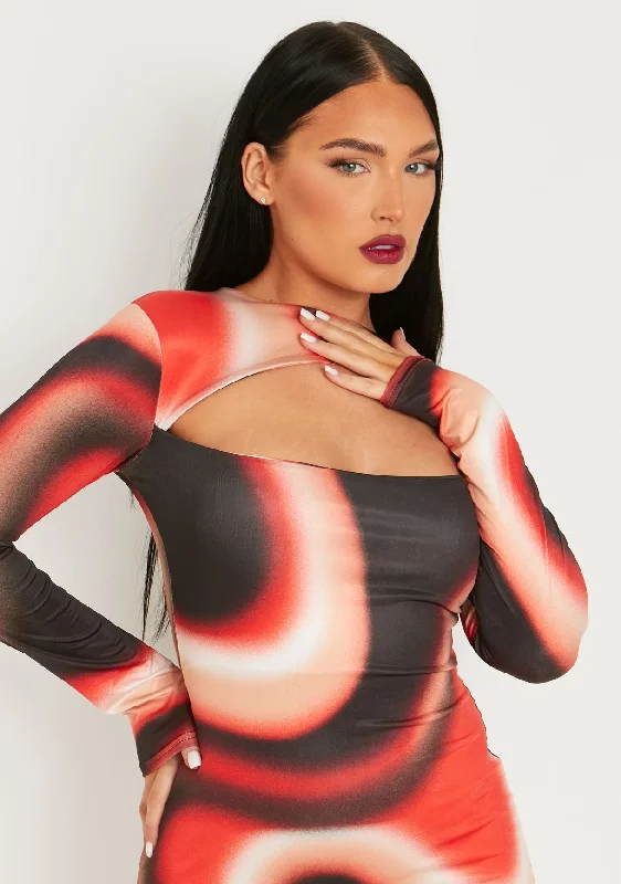 Maryse Red Printed Slinky Cut Out Long Sleeve Mini Dress