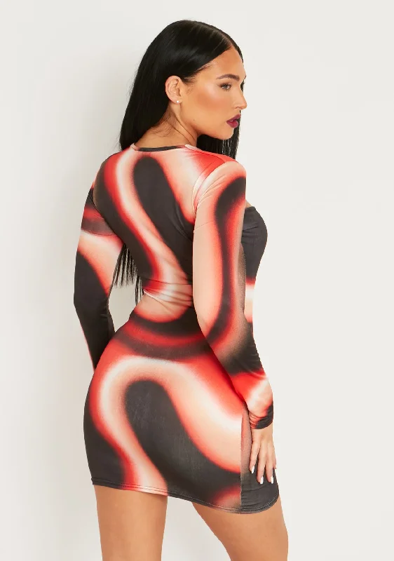 Maryse Red Printed Slinky Cut Out Long Sleeve Mini Dress